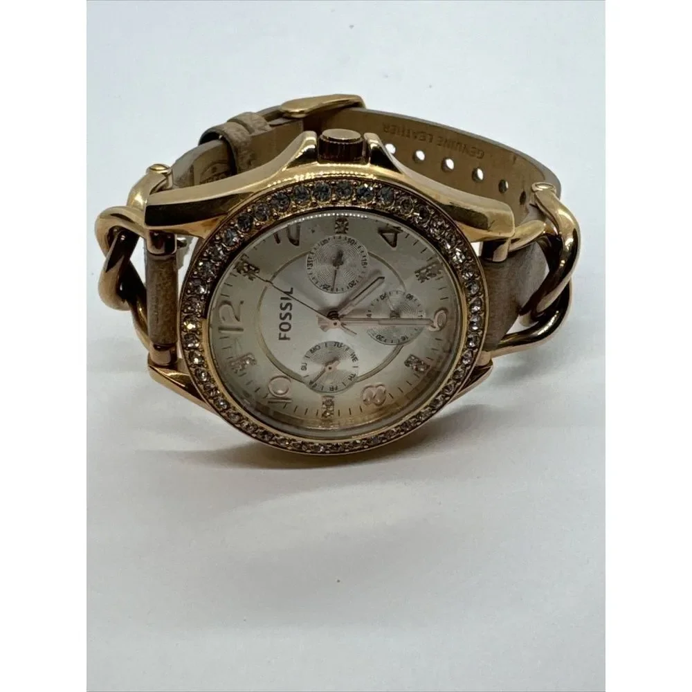Fossil Riley ES3466 Women's Rose Gold-Tone Sand Leather Analog Dial Watch JNA310